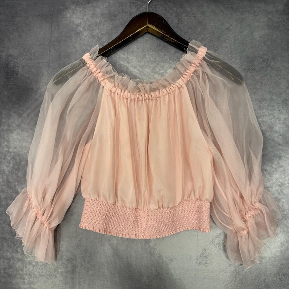 Alice + Olivia Tops - Alice +‎ Olivia Blouse Women Size Small Pink Sheer Puff Sleeve Silk Smocked Top
